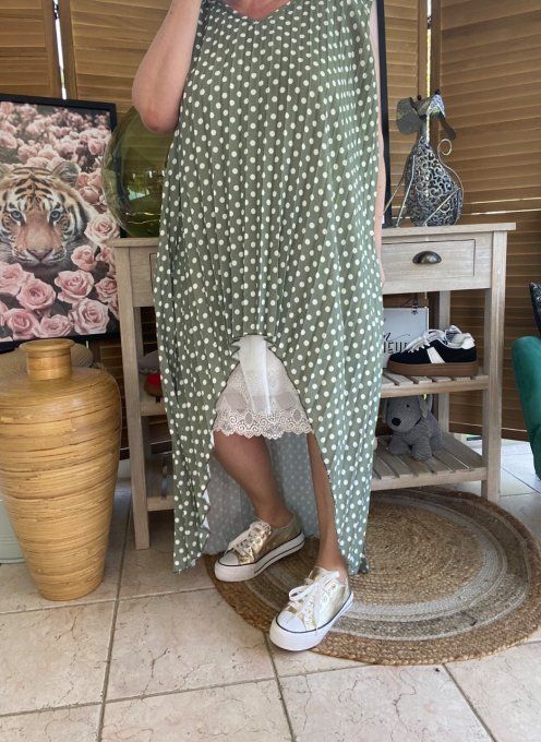 Maxi-tunique plissée asymétrique kaki clair pois blancs du 42 au 56/58