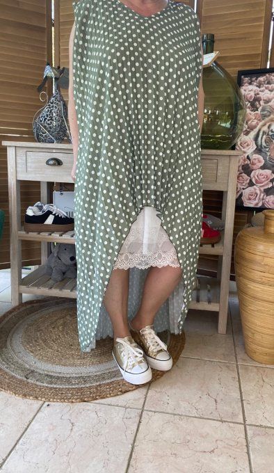 Maxi-tunique plissée asymétrique kaki clair pois blancs du 42 au 56/58