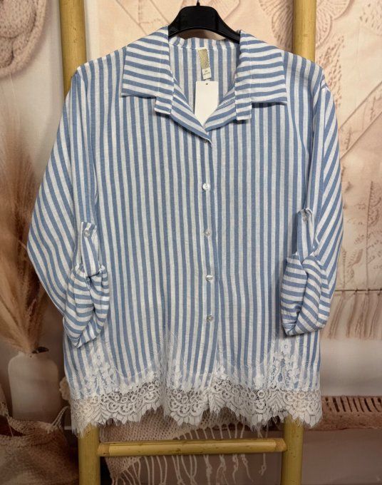 Chemise rayée bleu ciel & dentelle florale blanche du 34 au 44 et même + si portée ouverte 