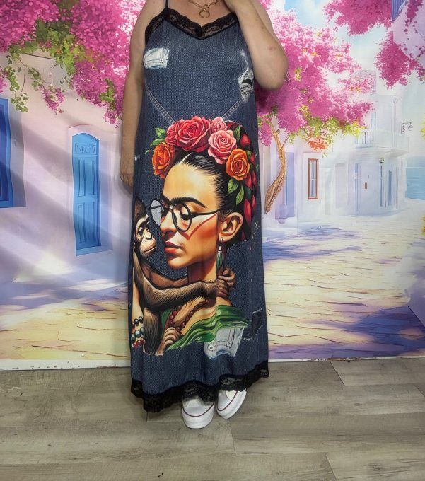 Robe nuisette lycra effet jeans brut et dentelle Frida Kahlo bretelles réglables du 38 au 48