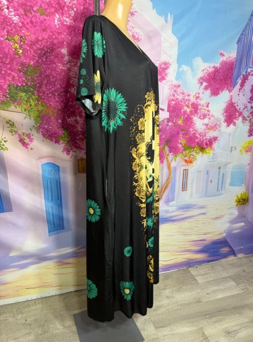 Robe longue trapèze noire fleurs vertes Alice au Pays des Merveilles du 40 au 52
