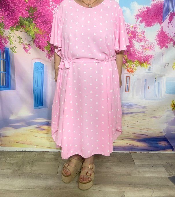 Robe trapèze longue asymétrique Rose Layette pois blancs manches volantées + ceinture du 38 au 52