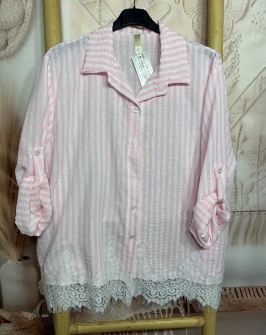 Chemise rayée rose bébé & dentelle florale blanche du 34 au 44 et même + si portée ouverte