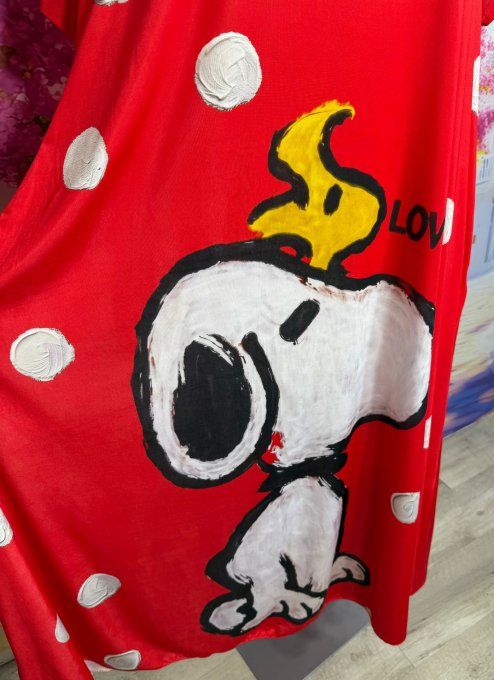 Robe longue trapèze rouge pois blancs Love Snoopy & Peanuts  du 40 au 52