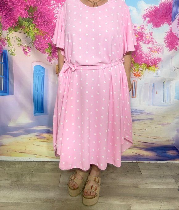 Robe trapèze longue asymétrique Rose Layette pois blancs manches volantées + ceinture du 38 au 52