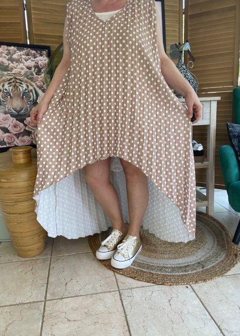 Maxi-tunique plissée asymétrique taupe clair pois blancs du 42 au 56/58