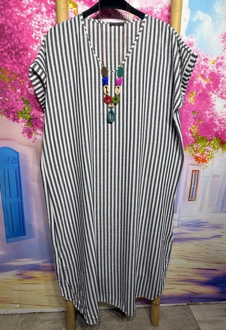 Robe ample mi-longue aspect lin rayé noir chiné et écru + collier du 38 au 48