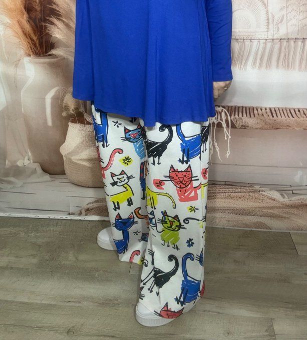 Pantalon palazzo blanc Les adorables Chats multicolores  stretch ++++ du 40 au 52/54 