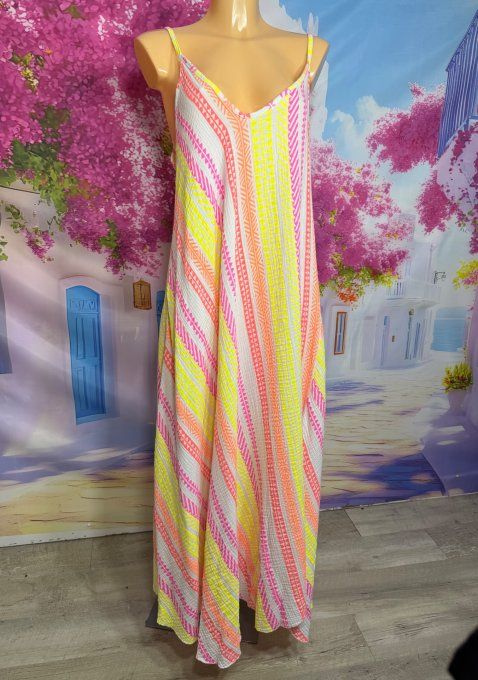Robe trapèze longue asymétrique bretelles gaze de coton rayé fluo du 36 au 46/48