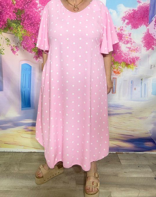 Robe trapèze longue asymétrique Rose Layette pois blancs manches volantées + ceinture du 38 au 52