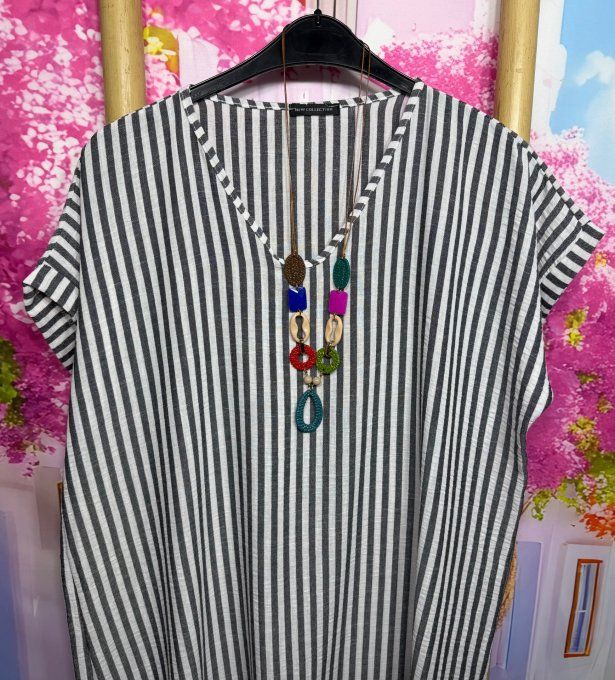Robe ample mi-longue aspect lin rayé noir chiné et écru + collier du 38 au 48