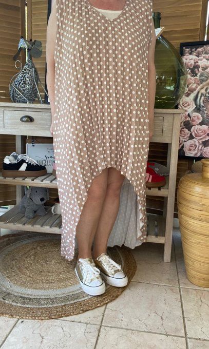 Maxi-tunique plissée asymétrique taupe clair pois blancs du 42 au 56/58