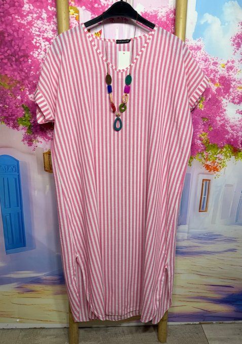 Robe ample mi-longue aspect lin rayé Fuschia chiné et écru + collier du 38 au 48