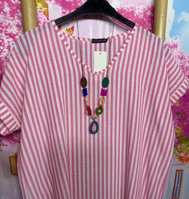 Robe ample mi-longue aspect lin rayé Fuschia chiné et écru + collier du 38 au 48