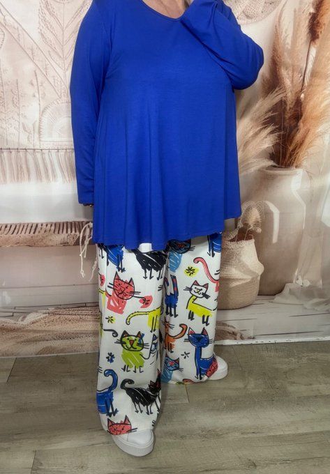 Pantalon palazzo blanc Les adorables Chats multicolores  stretch ++++ du 40 au 52/54 