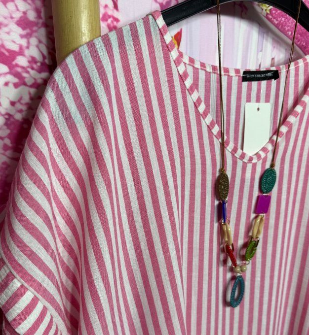 Robe ample mi-longue aspect lin rayé Fuschia chiné et écru + collier du 38 au 48