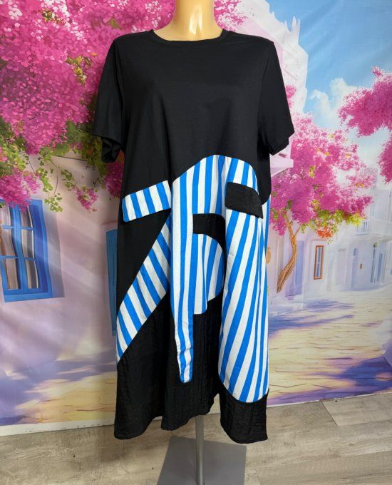 Robe trapèze mi-longue tout coton noir rayé bleu Fly Out douceur +++ du 38 au 48/50
