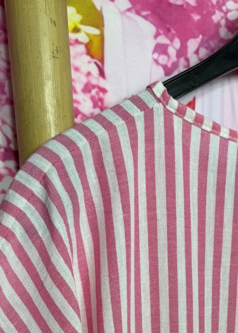 Robe ample mi-longue aspect lin rayé Fuschia chiné et écru + collier du 38 au 48