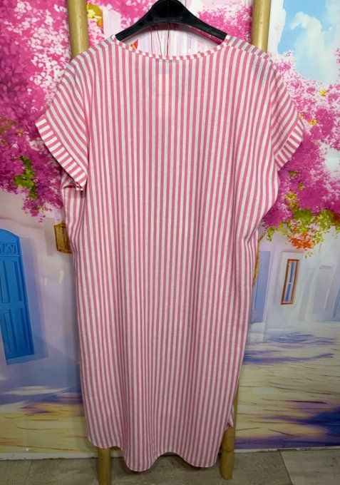 Robe ample mi-longue aspect lin rayé Fuschia chiné et écru + collier du 38 au 48