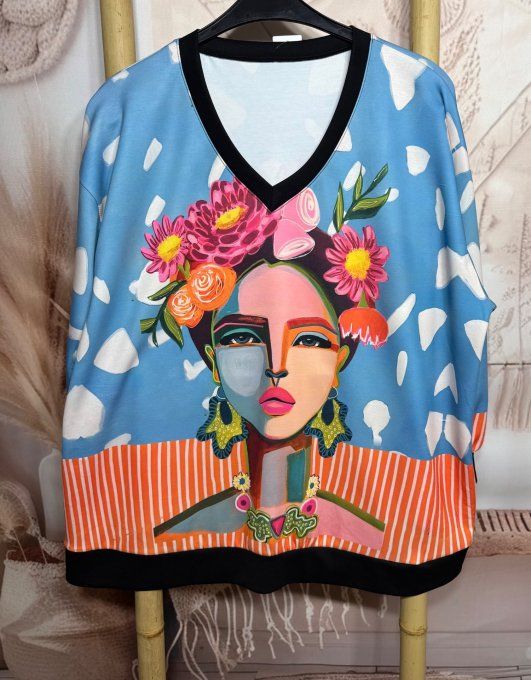 Sweat ciel orange rayé blanc manches longues Frida Kahlo revisitée du 40 au 52/54