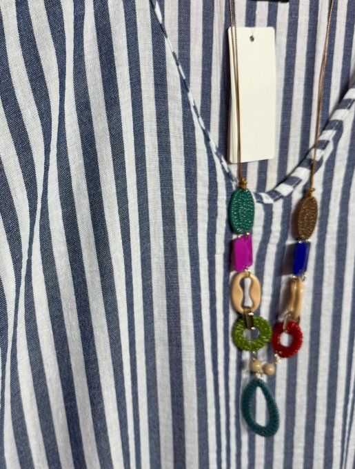 Robe ample mi-longue aspect lin rayé marine chiné et écru + collier du 38 au 48