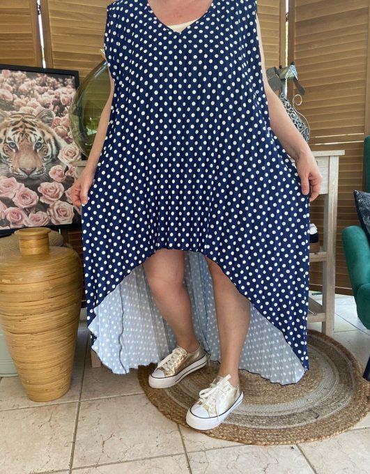 Maxi-tunique plissée asymétrique marine pois blancs du 42 au 56/58