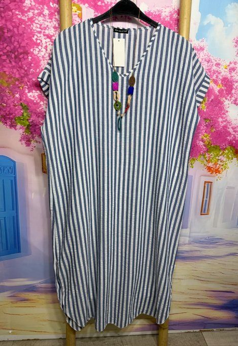 Robe ample mi-longue aspect lin rayé marine chiné et écru + collier du 38 au 48