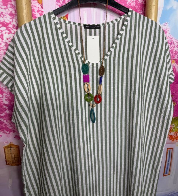 Robe ample mi-longue aspect lin rayé Kaki chiné et écru + collier du 38 au 48