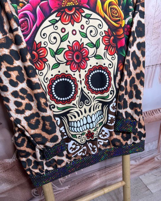 Sweat à capuche long léopard Mexican Skulls Calavera paillettes argentées du 40 au 50/52 