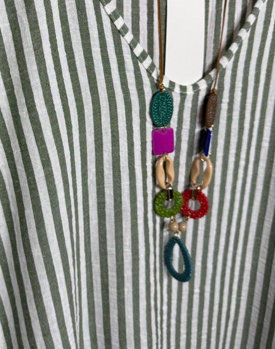 Robe ample mi-longue aspect lin rayé Kaki chiné et écru + collier du 38 au 48