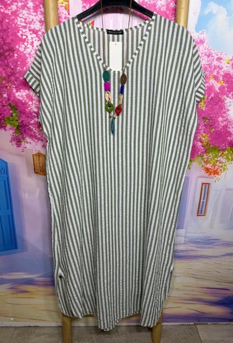 Robe ample mi-longue aspect lin rayé Kaki chiné et écru + collier du 38 au 48