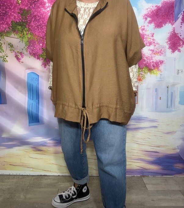 Blouson oversize Camel manches courtes taille ajustable fermeture zippée du 40 au 52 et même + 