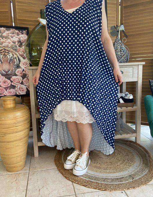 Maxi-tunique plissée asymétrique marine pois blancs du 42 au 56/58