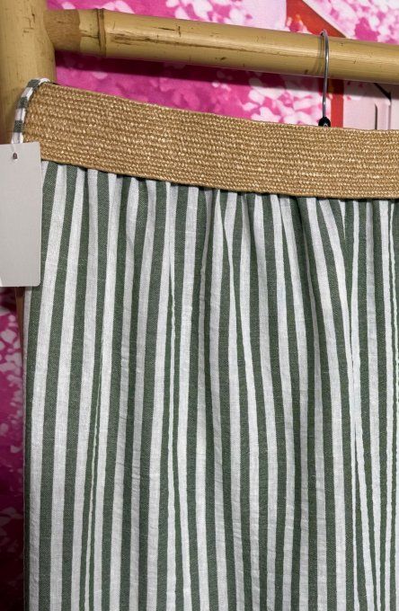 Pantalon palazzo écru rayé Kaki aspect Lin + ceinture offerte du 36 au 44/46