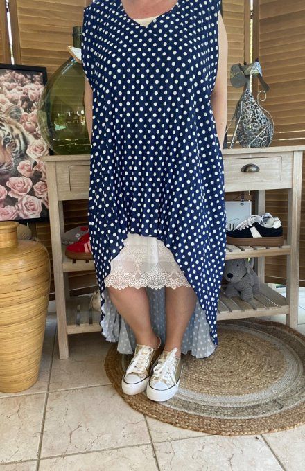 Maxi-tunique plissée asymétrique marine pois blancs du 42 au 56/58