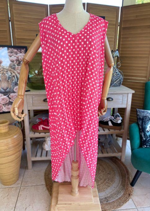 Maxi-tunique plissée asymétrique fuschia pois blancs du 42 au 56/58