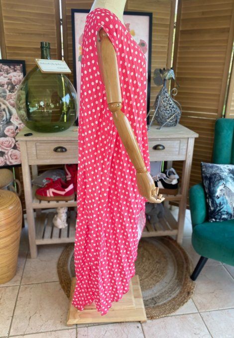 Maxi-tunique plissée asymétrique fuschia pois blancs du 42 au 56/58