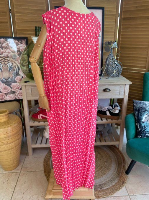 Maxi-tunique plissée asymétrique fuschia pois blancs du 42 au 56/58