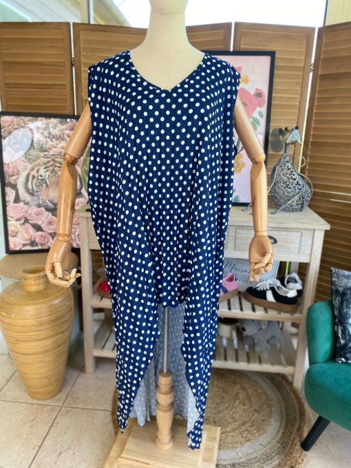 Maxi-tunique plissée asymétrique marine pois blancs du 42 au 56/58