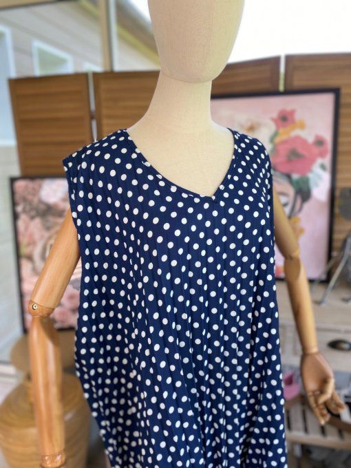 Maxi-tunique plissée asymétrique marine pois blancs du 42 au 56/58