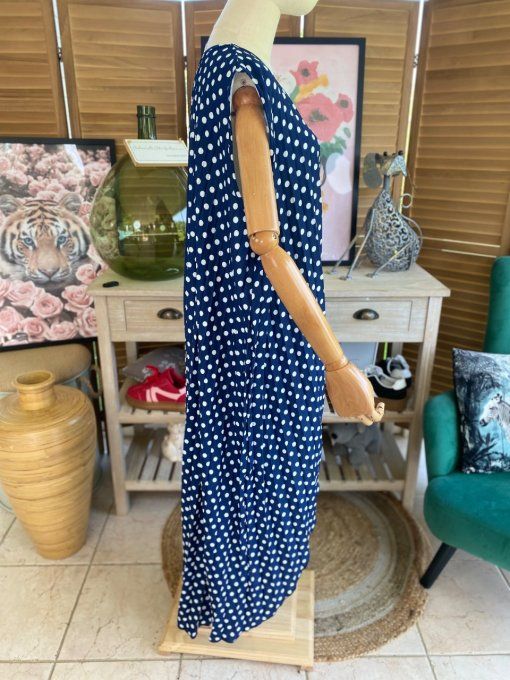 Maxi-tunique plissée asymétrique marine pois blancs du 42 au 56/58