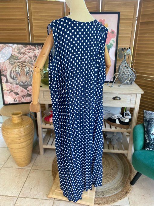 Maxi-tunique plissée asymétrique marine pois blancs du 42 au 56/58