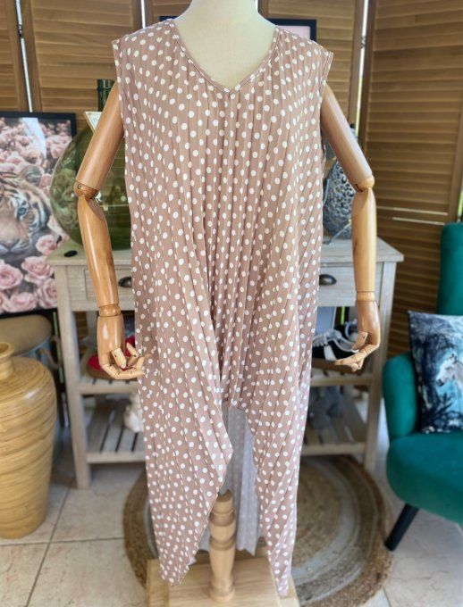 Maxi-tunique plissée asymétrique taupe clair pois blancs du 42 au 56/58