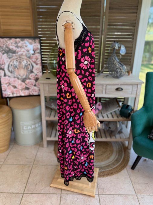 Robe longue bretelles réglables léopard rose Mexican Skulls Calavera du 36 au 46