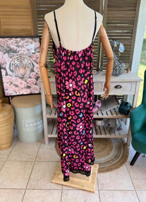 Robe longue bretelles réglables léopard rose Mexican Skulls Calavera du 36 au 46