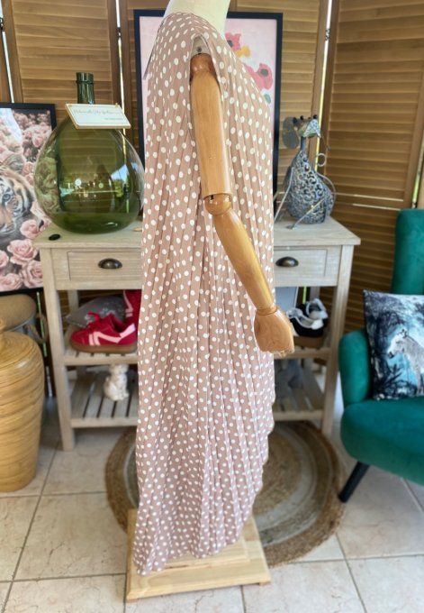 Maxi-tunique plissée asymétrique taupe clair pois blancs du 42 au 56/58