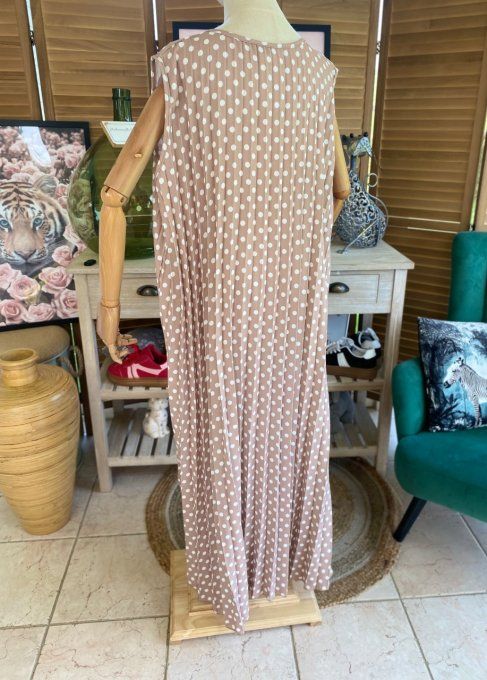 Maxi-tunique plissée asymétrique taupe clair pois blancs du 42 au 56/58