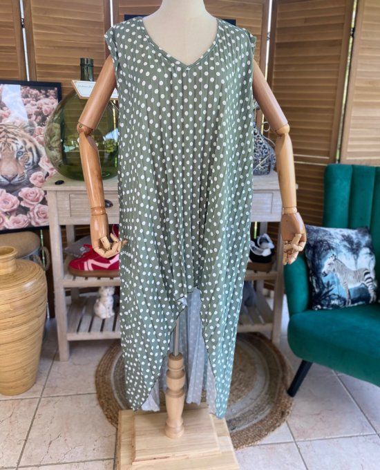 Maxi-tunique plissée asymétrique kaki clair pois blancs du 42 au 56/58