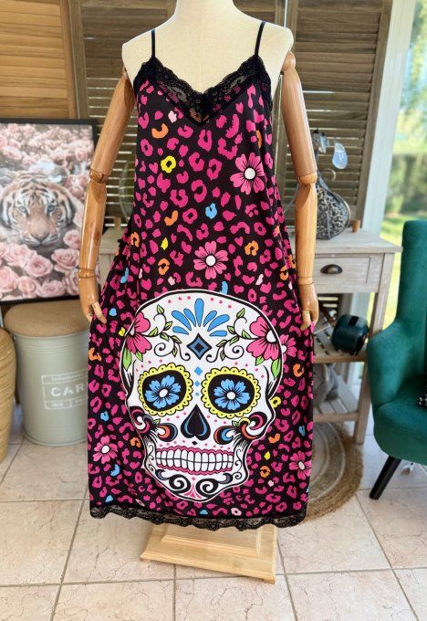Robe longue bretelles réglables léopard rose Mexican Skulls Calavera du 36 au 46