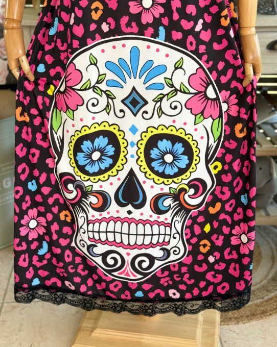 Robe longue bretelles réglables léopard rose Mexican Skulls Calavera du 36 au 46
